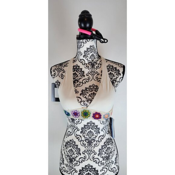 ISABELLA ROSE Women's Bikini Top Brallete Small Beige Embroidered Cross-Back - Picture 2 of 7